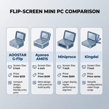Comparison of flip-screen mini PCs by screen size and price
