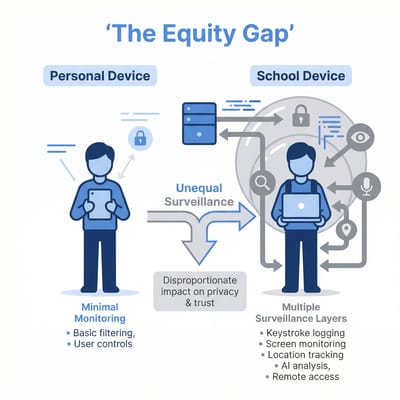 Diagram showing how low-income students face more surveillance than students with personal devices