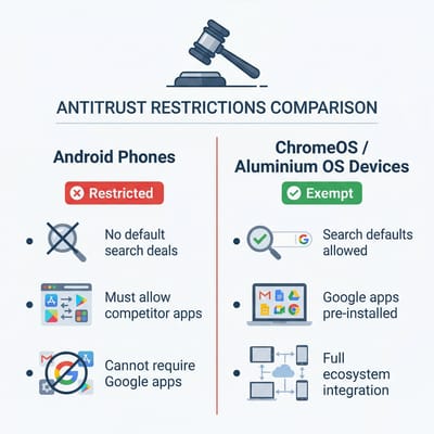 Diagram showing how the antitrust ruling treats Android phones differently from ChromeOS and Aluminium OS devices regarding search default agreements