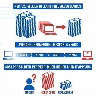 Infographic showing the financial cost of Chromebook replacement cycles for schools