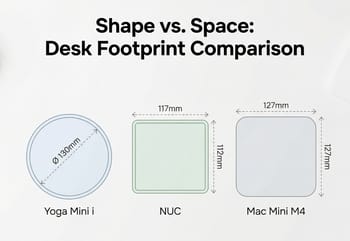 Desk footprint comparison showing the circular Yoga Mini i versus rectangular NUC and square Mac Mini M4