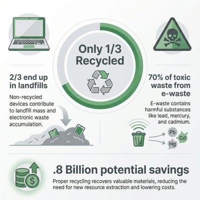 Infographic showing e-waste statistics: only 1/3 of Chromebook e-waste is properly recycled