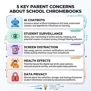 Infographic showing the main concerns driving parents to opt out of school Chromebooks: AI chatbots, surveillance, distraction, health effects, and data privacy