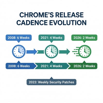 Timeline showing Chrome's release cadence evolution: 6 weeks in 2008, 4 weeks in 2021, and 2 weeks starting September 2026