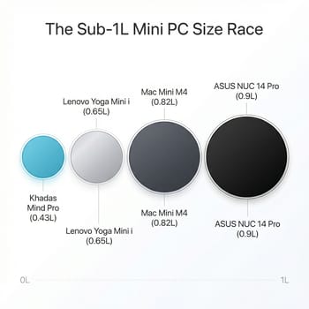 Volume comparison of sub-1L mini PCs: Khadas Mind Pro 0.43L, Lenovo Yoga Mini i 0.65L, Mac Mini M4 0.82L, ASUS NUC 14 Pro 0.9L