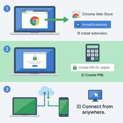 Step-by-step Chrome Remote Desktop setup process illustrated
