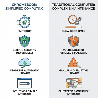 Diagram showing Chromebook's simplified interface compared to traditional computers