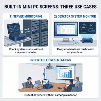 Use cases for built-in mini PC screens: server monitoring, media control, setup
