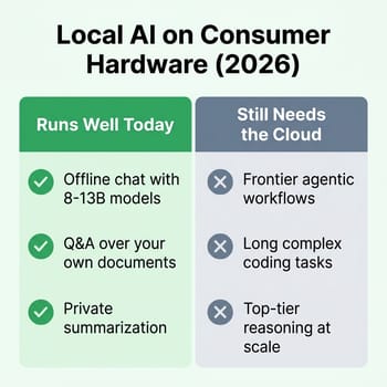 Capability map showing what local AI runs well today versus what still needs the cloud