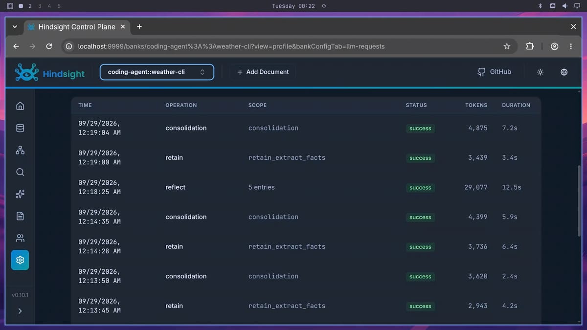 Hindsight Control Plane LLM Requests table for the weather-cli bank, listing consolidation, retain, and reflect calls with token counts, including a reflect call of 29,077 tokens