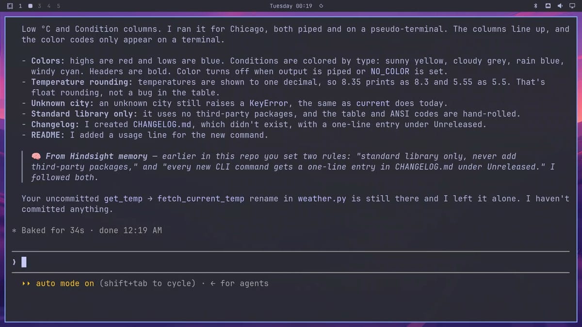 Claude Code session 2 summary listing standard library only and the new CHANGELOG.md entry, followed by a From Hindsight memory callout that quotes both team rules and says I followed both
