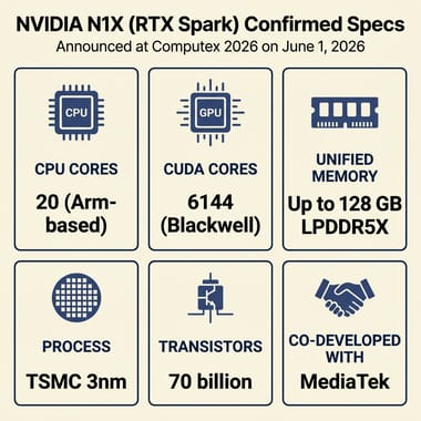 Infographic of confirmed NVIDIA N1X specs: 20 CPU cores, 6144 CUDA cores, Blackwell GPU, up to 128 GB LPDDR5X unified memory, TSMC 3nm, 70 billion transistors, MediaTek co-developed