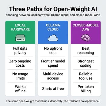 Three-way decision framework showing when local hardware, Ollama Cloud, and closed-model APIs each make sense for AI workloads