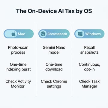 Infographic titled The On-Device AI Tax by OS, with three columns. Mac column: photo-scan process, one-time indexing burst, check Activity Monitor. Chromebook column: Gemini Nano model, one-time download, check Chrome settings. Windows column: Recall snapshots, continuous opt-in, check Task Manager