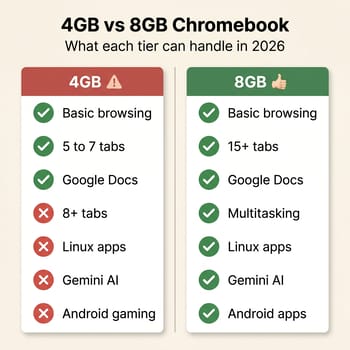 Infographic comparing 4GB vs 8GB Chromebook capabilities: 4GB handles basic browsing and 5-7 tabs but fails at Linux apps, Gemini AI, and heavy multitasking; 8GB handles all workloads