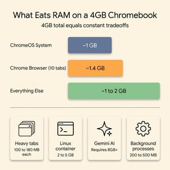 Infographic showing RAM allocation on a 4GB Chromebook: ChromeOS system uses about 1GB at idle, Chrome with 10 tabs uses about 1.4GB, leaving roughly 1 to 2GB for everything else, with bottom icons showing what eats that remaining headroom (heavy tabs at 100-180MB each, Linux container at 2-5GB, Gemini AI requires 8GB+, background processes at 200-500MB)