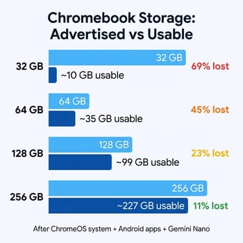 Infographic showing advertised versus usable storage by Chromebook tier: 32GB gets roughly 10GB usable, 64GB gets roughly 35GB usable, 128GB gets roughly 99GB usable, and 256GB gets roughly 227GB usable