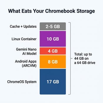 Infographic showing what fills Chromebook system storage: ChromeOS base system at 17GB, Android ARCVM at 8GB, Gemini Nano AI model at 4GB, Linux Crostini at 10GB default, and browser cache and updates at 2 to 5GB