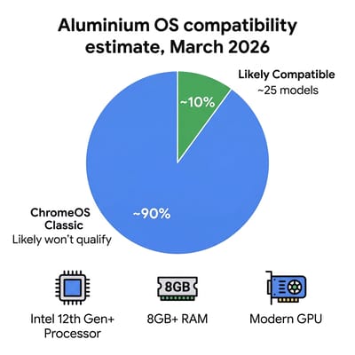 Pie chart, March 2026 estimate: about 25 Chromebook models, roughly 10 percent, likely meet the Aluminium OS hardware floor, and about 90 percent likely won't qualify