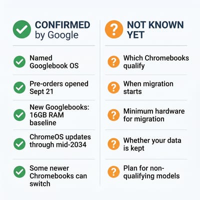 Two-column chart: what Google has confirmed about Googlebook OS and ChromeOS updates, and what is not known yet about Chromebook migration