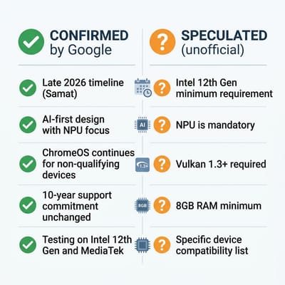 Diagram showing what Google has confirmed about Aluminium OS requirements versus what is speculated