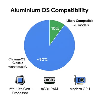 Chart showing the percentage of Chromebook models that likely qualify for Aluminium OS versus those that will remain on ChromeOS Classic