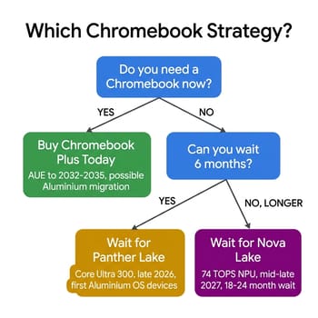 Decision flowchart for Chromebook buyers: Need it now leads to Chromebook Plus today, can wait 6 months leads to Panther Lake, willing to wait 18 plus months leads to Nova Lake Atria