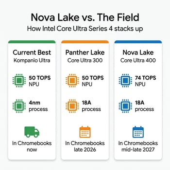 Nova Lake specs comparison: Core Ultra 400 with 74 TOPS NPU, versus Panther Lake Core Ultra 300 with 50 TOPS NPU, and current Kompanio Ultra with 50 TOPS NPU