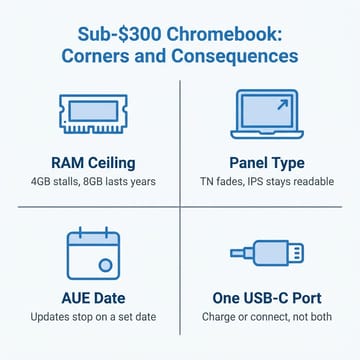 Infographic mapping four sub-$300 Chromebook corners to their consequences: RAM ceiling, panel type, AUE date, and a single USB-C port