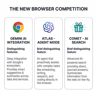 Comparison showing Chrome with Gemini integration, OpenAI Atlas with Agent Mode, and Perplexity Comet with built-in AI search