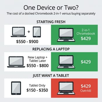 Cost comparison infographic showing three buyer scenarios for a Chromebook 2-in-1 versus buying separate devices