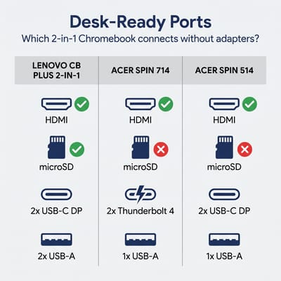 I/O comparison infographic showing HDMI, microSD, USB-C, and USB-A ports on the Lenovo Chromebook Plus 2-in-1, Acer Spin 714, and Acer Spin 514