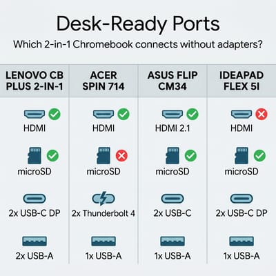I/O comparison infographic showing port availability across four Chromebook Plus 2-in-1 convertibles for desk setups