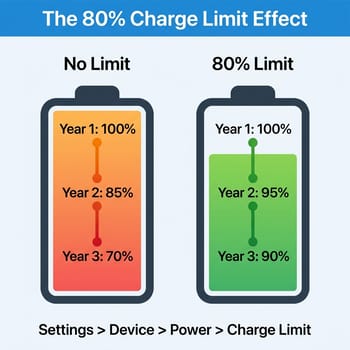 Comparison infographic showing battery health over time: without charge limit degrading to 70 percent capacity at 3 years versus with 80 percent charge limit maintaining 90 percent capacity at 3 years