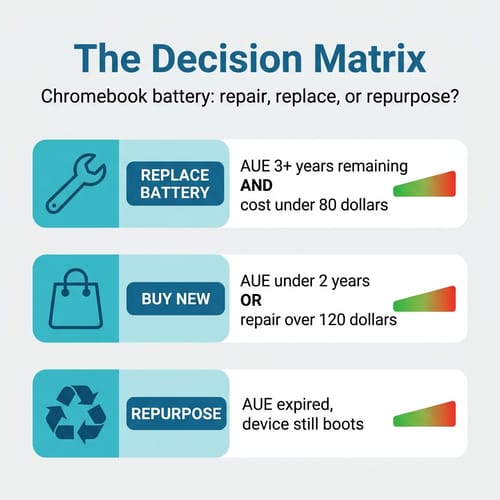 Decision matrix infographic showing three paths: replace battery when AUE is over 3 years and cost under 80 dollars, buy new when AUE under 2 years or repair over 120 dollars, repurpose when AUE expired