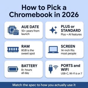 Quick 2026 Chromebook buying checklist: AUE date, Plus or Standard, RAM, screen size, battery life, and ports plus Wi-Fi. Click to enlarge.