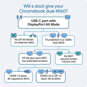 Decision-tree infographic: a Chromebook's USB-C port with DisplayPort Alt Mode branches through Thunderbolt, dock MST, and HDMI version to a final result, from no external video up to dual 4K at 60Hz
