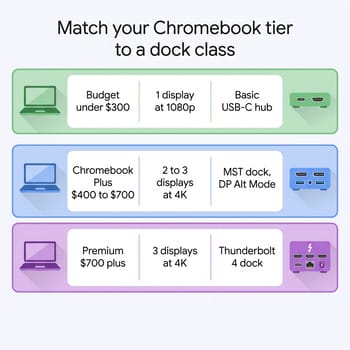 Infographic matching three Chromebook price tiers to dock classes: budget under $300 drives one 1080p display with a basic USB-C hub, Chromebook Plus $400 to $700 drives two to three 4K displays with an MST dock, and premium $700-plus drives three 4K displays with a Thunderbolt 4 dock