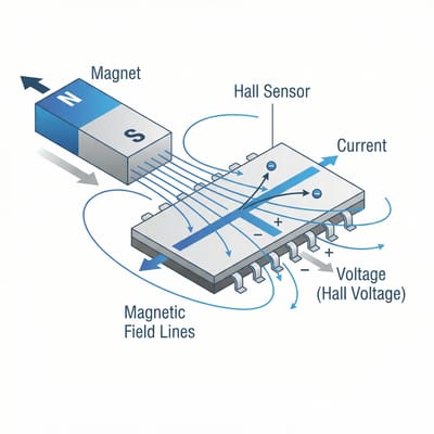Diagram showing how Hall effect sensors detect magnetic fields in laptops