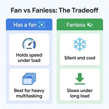 Infographic titled Fan vs Fanless The Tradeoff, with a blue Has a fan column listing holds speed under load and best for heavy multitasking, and a green Fanless column listing silent and cool and slows under long load