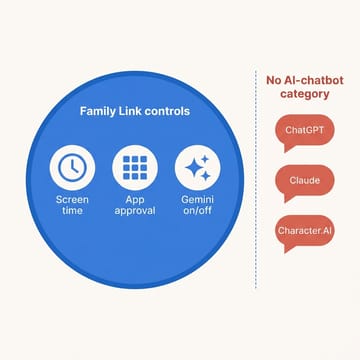 Diagram of what Family Link covers on a Chromebook, with ChatGPT, Claude, and Character.AI sitting outside its reach under the label no AI-chatbot category