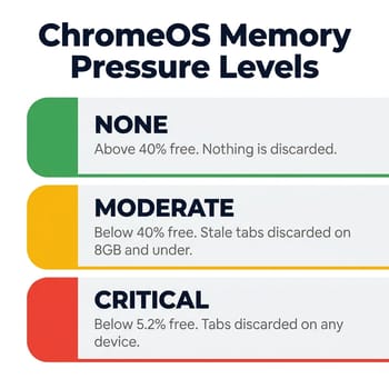 Infographic showing three ChromeOS memory pressure levels: None above 40 percent free with nothing discarded, Moderate below 40 percent free with stale tabs discarded on 8GB and under, and Critical below 5.2 percent free with tabs discarded on any device