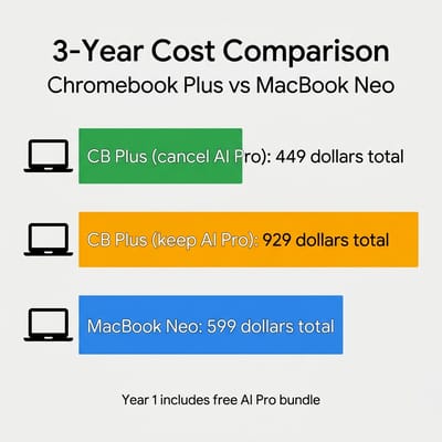 Three-year total cost of ownership comparing Chromebook Plus with AI Pro bundle to MacBook Neo with Apple Intelligence
