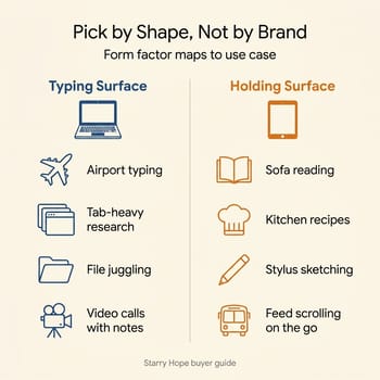 Decision map titled 'Pick by Shape, Not by Brand' with a Typing Surface column listing airport typing, tab-heavy research, file juggling, and video calls with notes, and a Holding Surface column listing sofa reading, kitchen recipes, stylus sketching, and feed scrolling on the go