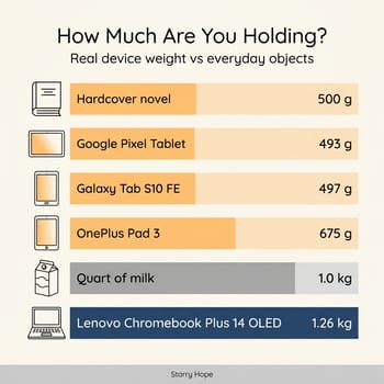 Horizontal-bar weight chart titled 'How Much Are You Holding?' showing a 500g hardcover novel, 493g Google Pixel Tablet, 497g Galaxy Tab S10 FE, 675g OnePlus Pad 3, 1.0 kg quart of milk, and 1.26 kg Lenovo Chromebook Plus 14 OLED