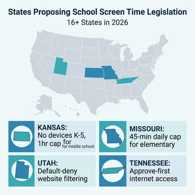 Infographic showing states proposing school screen time legislation in 2026