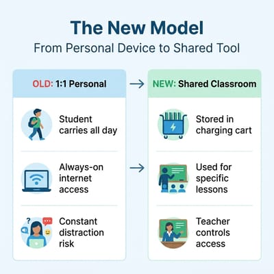 Infographic showing the shift from 1:1 personal devices to shared classroom tools in schools