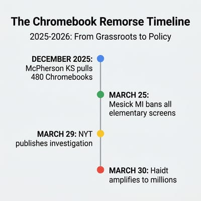Timeline infographic showing the cascade of Chromebook policy events from January to April 2026