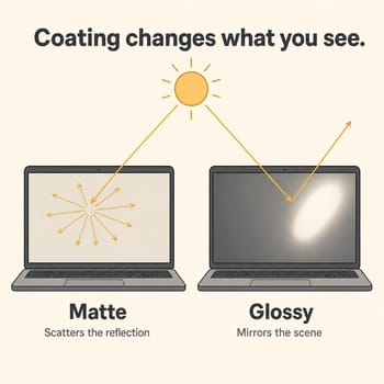 Diagram comparing a matte screen, where a sunbeam scatters into many soft rays, with a glossy screen, where the same beam bounces off as one hard mirror highlight