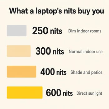Infographic listing four brightness levels with a growing bar for each: 250 nits for dim indoor rooms, 300 nits for normal indoor use, 400 nits for shade and patios, and 600 nits for direct sunlight